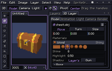 A treasure chest drawn in pixels on the canvas, with the 3D Layer panel's Model tab listing its Wood material and the style balls