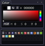The Color panel, with the color box and hue bar, over the palette holding DawnBringer 16