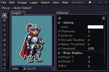 The knight on teal with a light outline and a drop shadow, the Effects panel beside him showing the Outline's and the Drop Shadow's settings