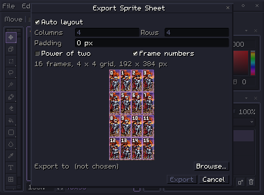 The Export Sprite Sheet dialog: auto layout in a 4 × 4 grid, padding, power of two, frame numbers, and a preview of the knight's 16 frames