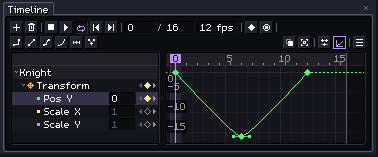 The graph editor: the knight's Position Y curve dipping and coming back, keys along it