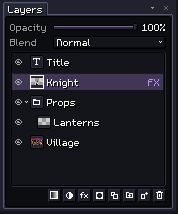 The Layers panel: Opacity and Blend at the top, then a text layer, the Knight with an FX badge, a Props group holding Lanterns, and the Village