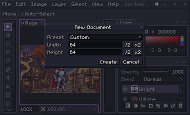 The New Document dialog: a preset list, Width and Height at 64, and Create