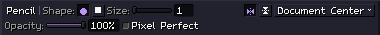 The Pencil's options: Shape, Size, Opacity, Pixel Perfect, and the symmetry buttons on the right