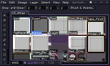 SpriteGrid's UI atlas, sliced: each piece outlined and named, the Button slice selected with its nine-slice guides, and its insets in the tool options