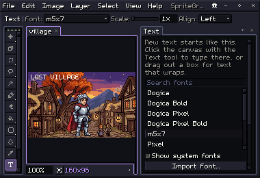 LOST VILLAGE written in a pixel font over the village, the Text tool chosen and the Text panel's font list beside it