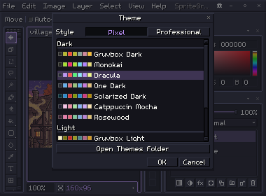 The Theme dialog: Style set to Pixel, and the dark themes, Gruvbox Dark, Monokai, Dracula (chosen), One Dark and more, each with its swatches