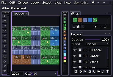 A small map of grass, meadow, stone, water and dirt tiles, the Atlas panel showing each tile, and the tiles' groups in the Layers panel