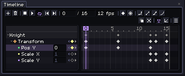 The Timeline: its toolbar, the Knight's Transform track in the list, and its keys in the dope sheet over 16 frames