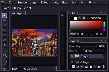 SpriteGrid's window: the knight in a village at dusk on the canvas, the tools on the left, the Color and Layers panels on the right