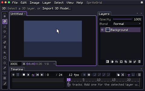 With the 3D tool chosen, the pointer clicks Import 3D Model... in its options: a low-poly treasure chest appears in a new layer on the 64 × 40 canvas, rendered in pixels, and its settings in the 3D Layer panel. Lines go in between its materials, the camera goes orthographic and frames it, and a drag up over it lights it from above. An Outline effect and a Palette Snap effect (DawnBringer 16) go on the layer, dragging the timeline's playhead turns the chest around, and the animation plays a full turn.