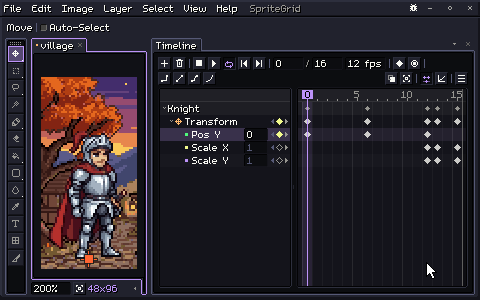 A knight in silver armor hops on a village street, keyed on position and scale in the Timeline's dope sheet. The pointer switches to the graph editor and drags the top key's tangent handle out, so the curve rounds off, and the hop plays again: the knight now hangs in the air at the top.