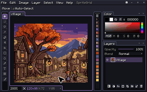 SpriteGrid with a pixel-art village street at sunset on the canvas. The pointer drags the Tools panel above the canvas, where its buttons line up in a row, drags the palette onto the Layers panel so the two share a tab strip, switches tabs and drags a splitter to resize the panels. Then it opens Keyboard Shortcuts, rebinds Fit on Screen to F, and resets the panel layout from the View menu.