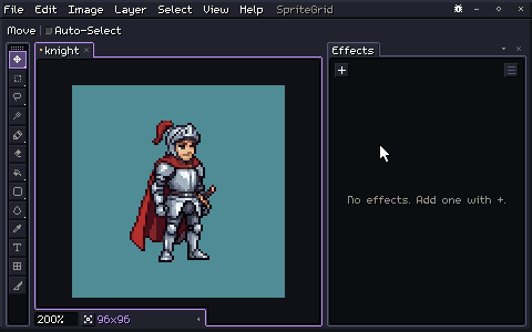 A pixel-art knight in silver armor and a red cape on a teal background, with the Effects panel beside it. The pointer adds an Outline, a Drop Shadow and a Glow from the panel's + menu, each showing on the canvas at once, drags the glow's size up and back down, turns the glow off and on, and removes the effects again.