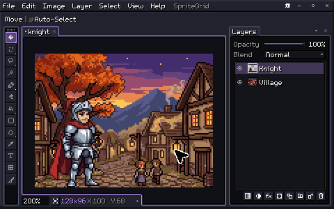 A knight on a village street at sunset, with the Layers panel beside him: Ctrl+J duplicates his layer, Edit, Free Transform moves the copy into the sky and turns it, a marquee and Ctrl+M mask it, and the Blend dropdown sets it to Multiply. Then the copy goes in the trash.