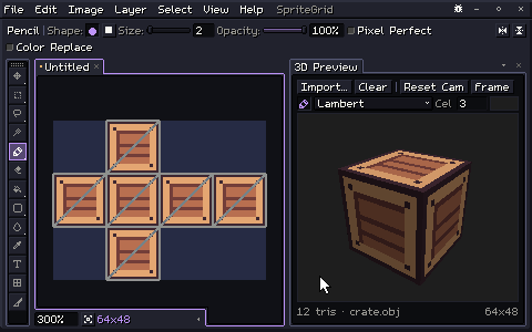 A crate in the 3D Preview wears the document, its six faces laid out flat on the canvas. The pointer paints a wave around the crate's corner and a ring on its lid, and each stroke appears on the flat texture as it's drawn. The view turns to show the strokes, turns back, and Undo takes both away.