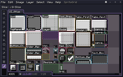 SpriteGrid's own UI atlas with the Slice tool: each button, panel and tab is a named slice with dashed nine-slice guides. The pointer selects Button, whose insets show in the options bar, and drags its left guide from 2 to 6 pixels. It selects Modal and opens File, Export, Slice Sheet, which shows the slices packed into a sheet per layer group with JSON metadata, then cancels and undoes the change.