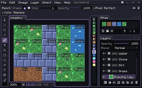 A small map made of grass, meadow, stone, water and dirt tiles. The pencil draws a rock on one grass cell, and it appears on every grass cell as it's drawn, and on every meadow cell too, because Meadow has Grass inside it.