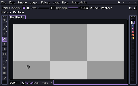 On a blank canvas, the pointer picks the Gradient tool, sets a Bayer dither and drags a dithered sunset down the sky, then outlines hills with the Contour Fill, which fills them when it lets go. It picks the Pencil, turns on symmetry and draws one wing of a gull, and the other wing appears as it draws.