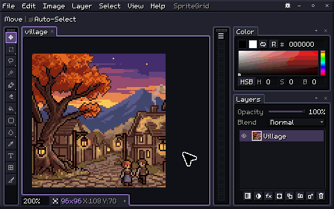 SpriteGrid with a pixel-art village street at sunset on the canvas. The pointer opens Edit, Theme, drags the Theme dialog aside and clicks through Gruvbox Dark, Catppuccin Mocha, Rosewood, Gruvbox Light and Sakura: every panel, menu and button is redrawn in each theme's colors. It ends back on Dracula.